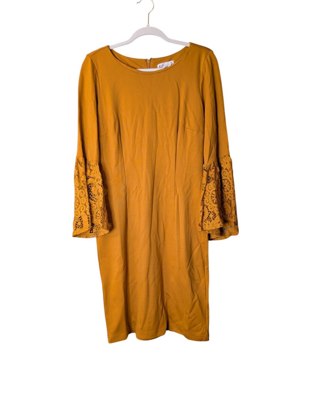 Nanette Lepore Mustard Yellow Bell Sleeve sheath Dress Boho Career lace size 8 - Picture 7 of 7